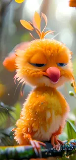 Cute fluffy cartoon bird in vibrant orange setting.