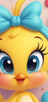Cute yellow cartoon bird with a blue bow and big eyes.