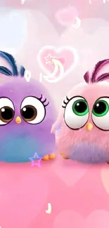 Cute cartoon birds with pink and purple feathers on a whimsical background.