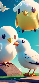 Cute cartoon birds under a sunny sky.