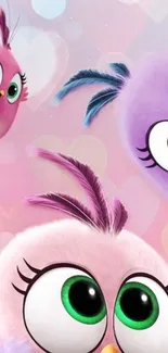 Cute cartoon birds with large eyes and colorful feathers on a pink background.