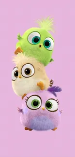 Cute cartoon birds on lavender background.