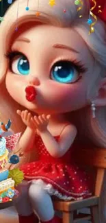 Cute cartoon girl with cake in a festive birthday setting.