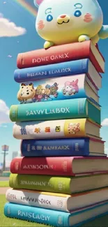 Cartoon character on a colorful book stack against a blue sky.