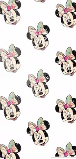 Cartoon character pattern with floral bows on a white background.