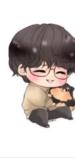 Cute cartoon boy holding a fluffy dog.