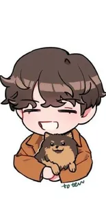 Cute cartoon drawing of a boy holding a small fluffy dog.