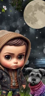 Cute cartoon boy and dog under night sky.