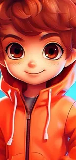 Cute cartoon boy in an orange hoodie, smiling brightly.