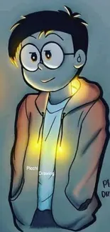 Cartoon boy with glowing heart design.