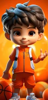 Cute cartoon boy with orange background and basketball.