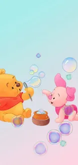 Cartoon characters blowing bubbles on pastel background.