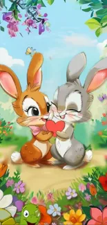 Cute cartoon bunnies holding heart in a vibrant garden scene.