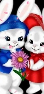 Two cartoon bunnies in colorful outfits hugging with a flower.