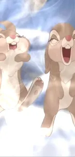 Two cute bunnies sharing a joyful cartoon moment on the wallpaper.