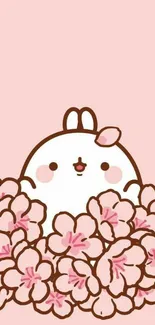 Cartoon bunny amidst pink cherry blossoms in a cute wallpaper.