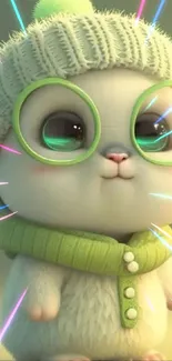 Cute cartoon bunny with green glasses and sweater.