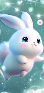 Cute fluffy bunny in whimsical, mint-green background.