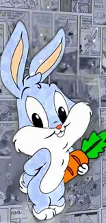 Cute cartoon bunny with carrot on a comic strip background.