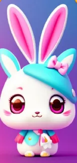 Cute cartoon bunny with pink and blue colors on a purple background.