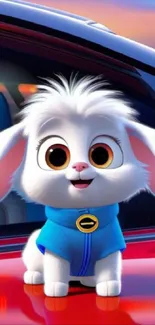 A cute cartoon bunny with big eyes and a blue jacket sitting on a car.