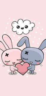 Cartoon bunnies sharing a heart with a cloud above on pastel pink background.