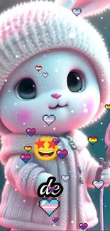 Cute bunny cartoon with hearts and microphone.