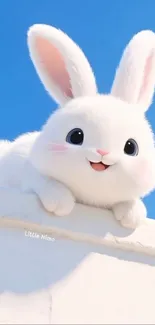 Adorable white cartoon bunny on sky background.