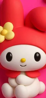 Cartoon bunny in red hood with flower, on a pink background.