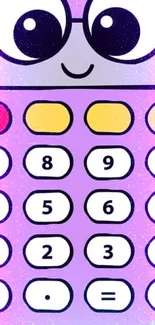 Adorable cartoon calculator with purple and colorful buttons in a playful design.