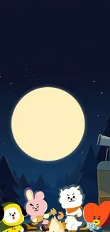 Cute cartoon characters by a campfire under a full moon in a dark forest setting.