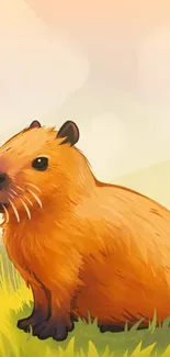 Cute cartoon capybara sitting in lush green grass.