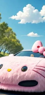 Fluffy pink cartoon car with a bow driving.