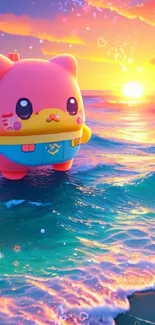 Cute cartoon cat on ocean waves at sunset with vibrant colors.