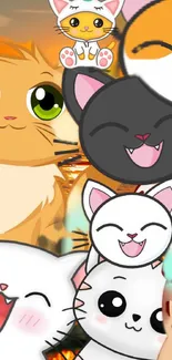 Vibrant collage of cute cartoon cats on a mobile wallpaper.