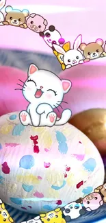 Adorable cartoon cat with Easter eggs mobile wallpaper.