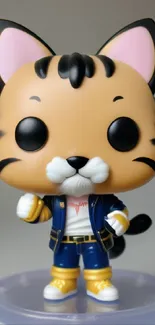 Cute cartoon cat figurine with jacket and paw up.