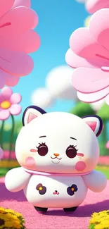 Cute cartoon cat surrounded by pink flowers in a bright garden setting.