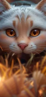 Cartoon cat with orange eyes in nature, vibrant and cute mobile wallpaper.