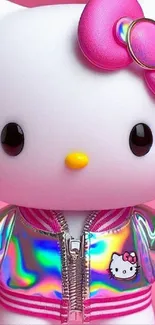 Cartoon cat with a pink holographic jacket and bow.