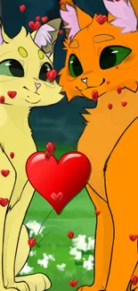 Cartoon cats with hearts in vibrant colors.