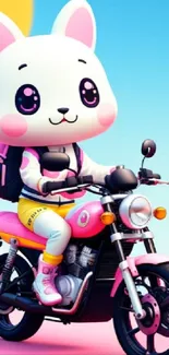 Playful cartoon cat riding a motorcycle against a vibrant sky.