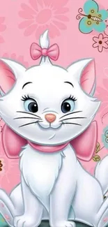 Cute cartoon cat with pink floral background.