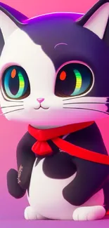 Adorable cartoon cat with a red scarf on a pink background.