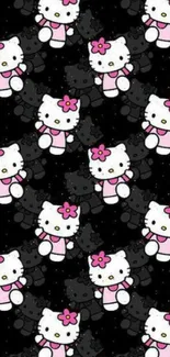 Cute cartoon cats with pink bows on a black background.