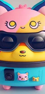 Vibrant cartoon cat robot with sunglasses and colorful design on mobile wallpaper.