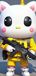 Cartoon cat soldier with a firearm in a yellow suit, standing confidently in a playful design.