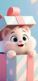 Cartoon white cat in pastel gift box.
