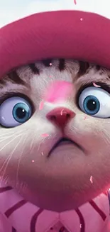 Cute cartoon cat with pink hat wallpaper.