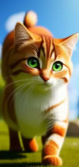 Cartoon cat with green eyes in a bright field.